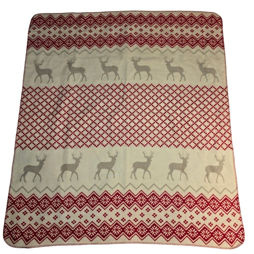 COTTON EDITION Soft Red White Reindeer Blanket 60% Cotton Reversible 60"x 52"